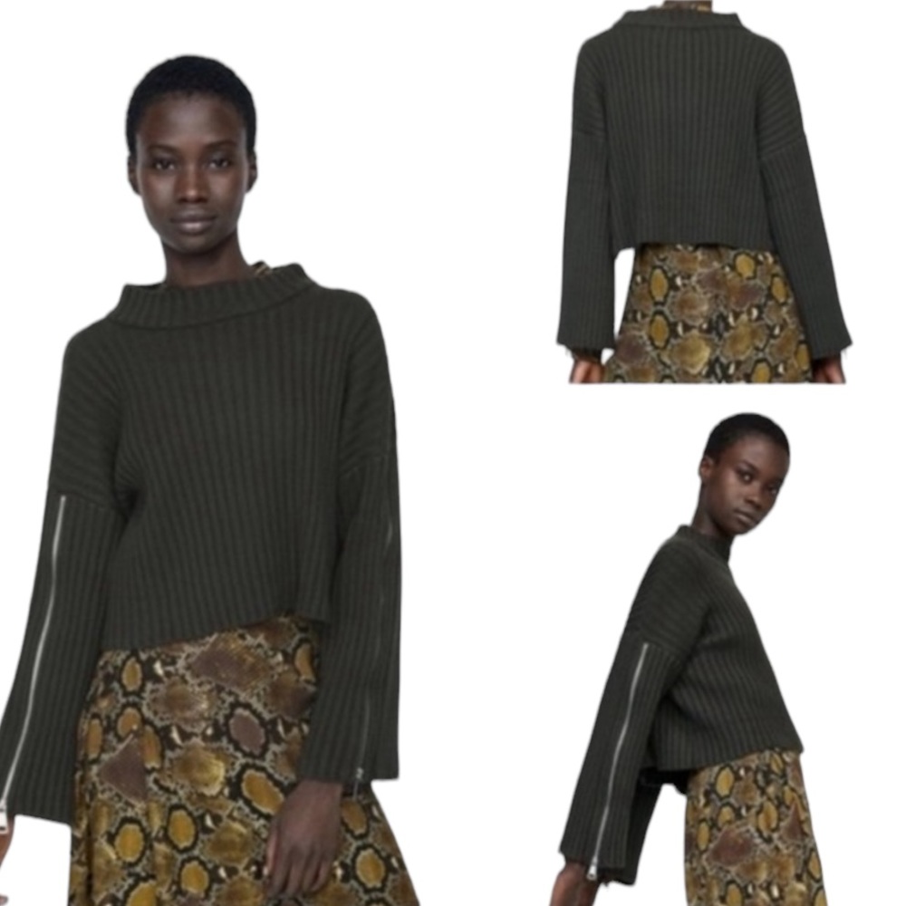 Zara Ribbed Cropped Zip Sleeve Sweater
